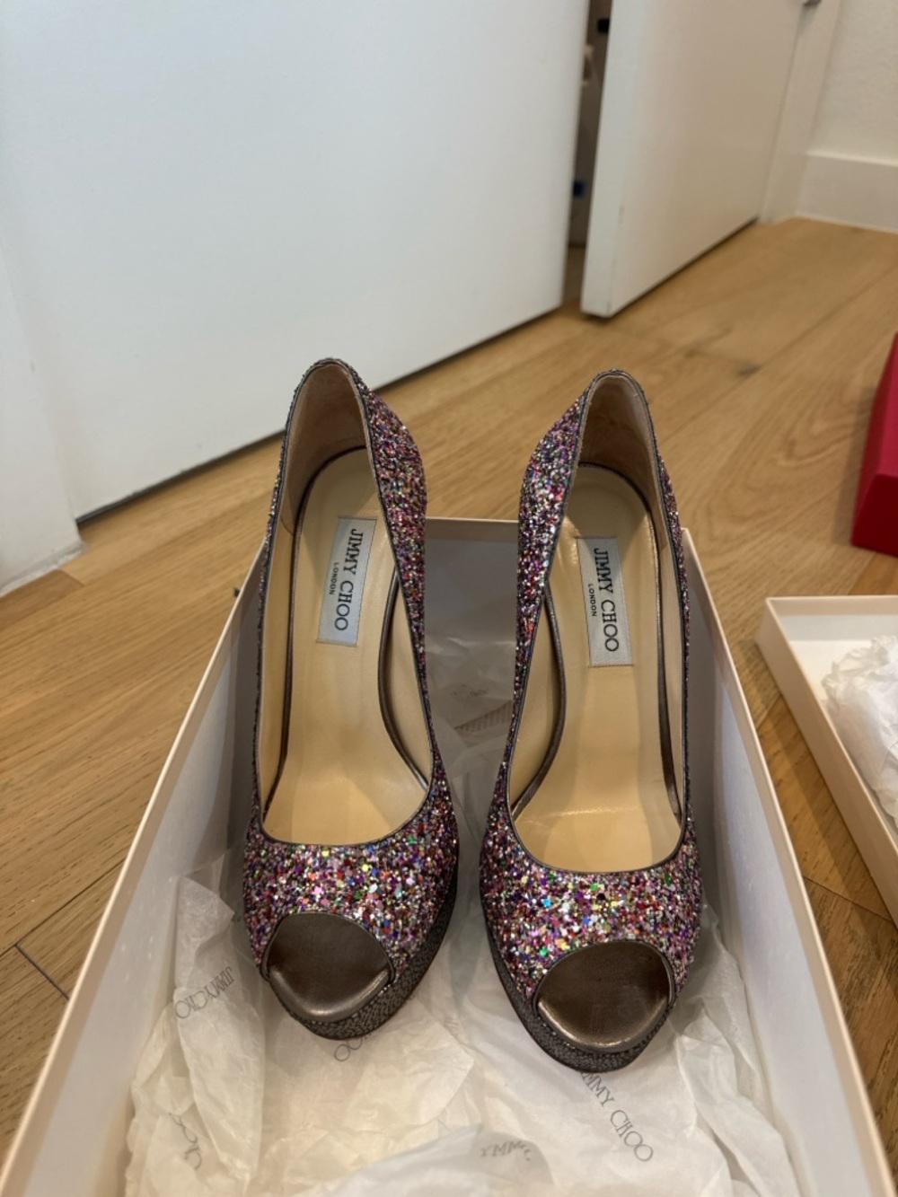 Jimmy Choo Crown Glitter Platform Peep Toe Heels 39 Multicolor